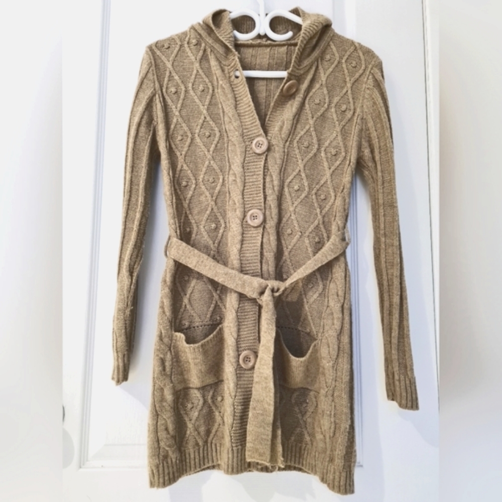 Tan color wool cable-knit cardigan size S